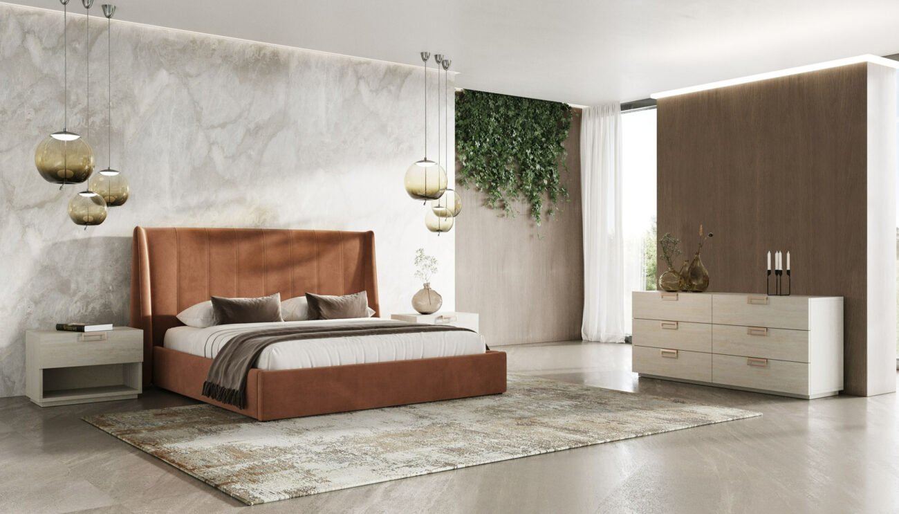 Eastern King Lamod Roma + Lago - Modern Burnt Orange Velvet + Faux Travertine 4-Piece Bedroom Set - Image 5