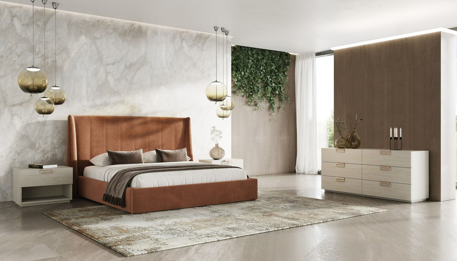 Queen Lamod Roma + Lago - Modern Burnt Orange Velvet + Faux Travertine 4-Piece Bedroom Set - Image 5