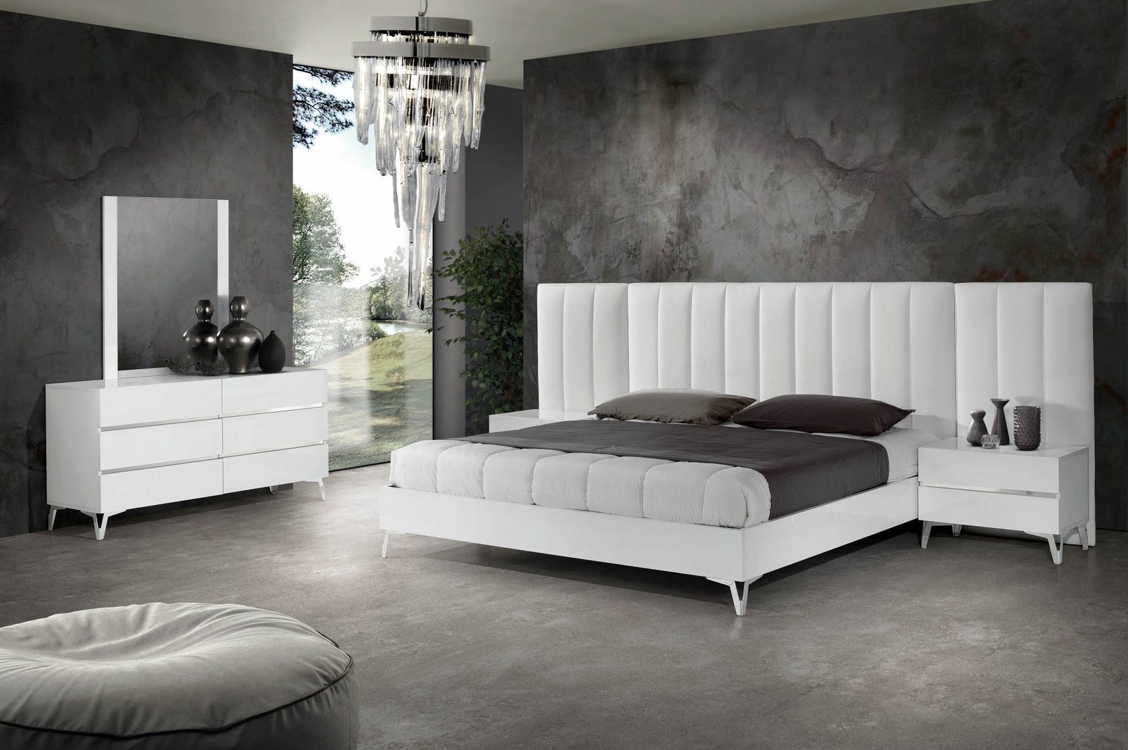 Queen Nova Domus Angela - Italian Modern White Eco Leather 4-Piece Bedroom Set and Wings