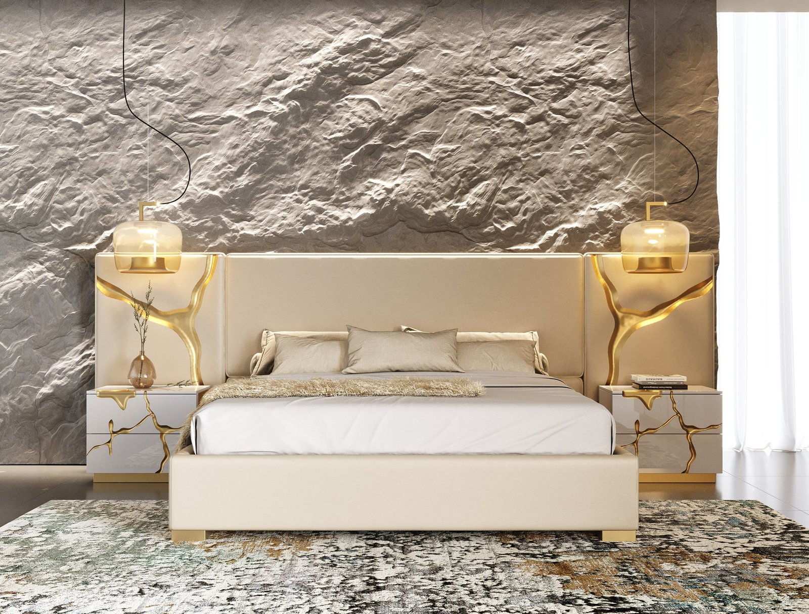 Eastern King - Modrest Aspen - Modern Beige + White + Gold Bedroom Set