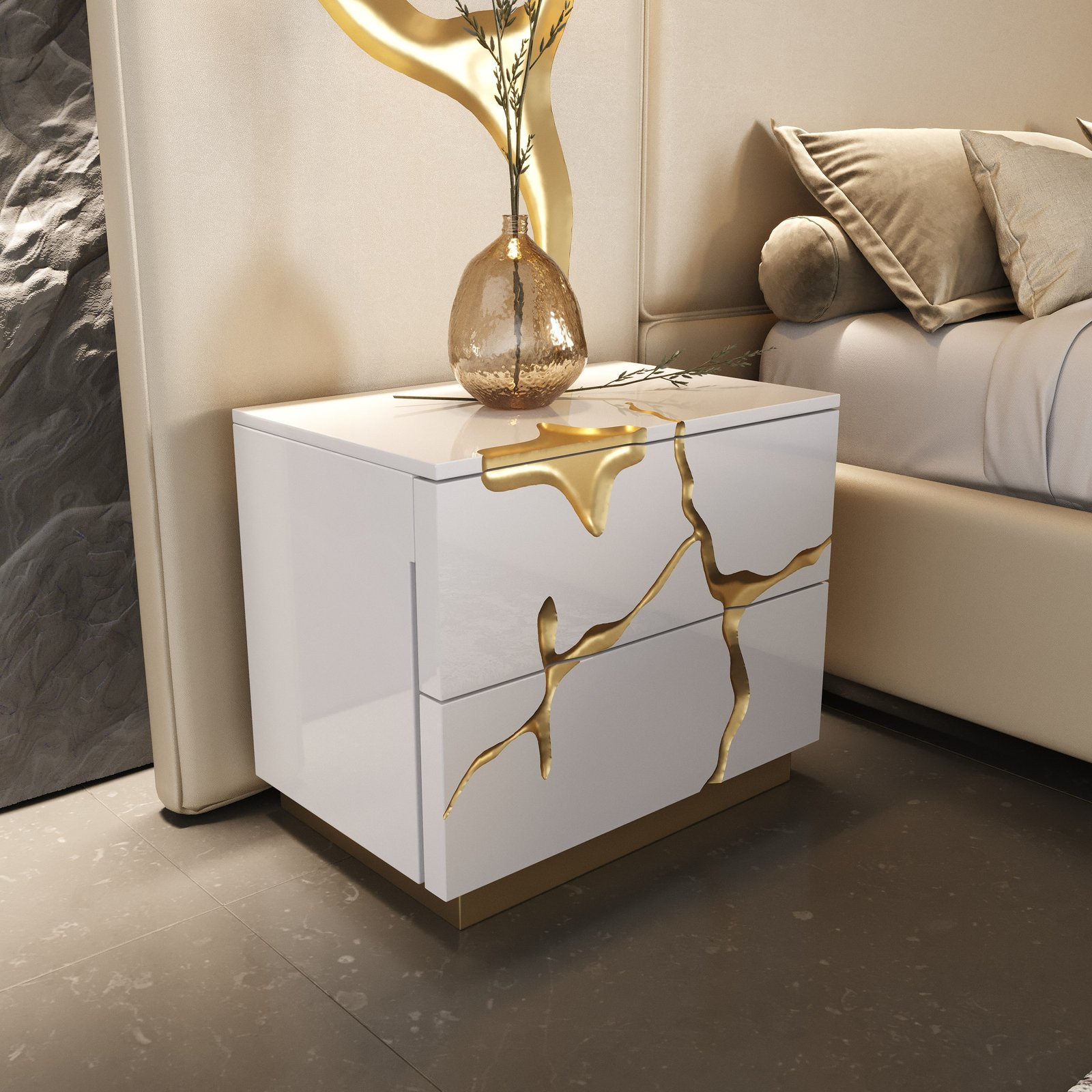 Queen Modrest Aspen - Modern Beige + White + Gold 4-Piece Bedroom Set - Image 2