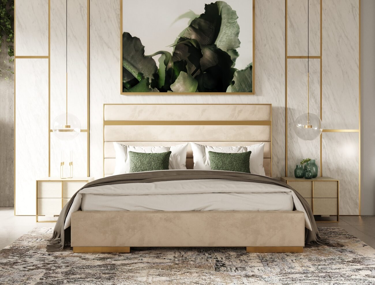 California King Modrest Cartier - Modern Beige Velvet + Brushed Brass 4-Piece Bedroom Set