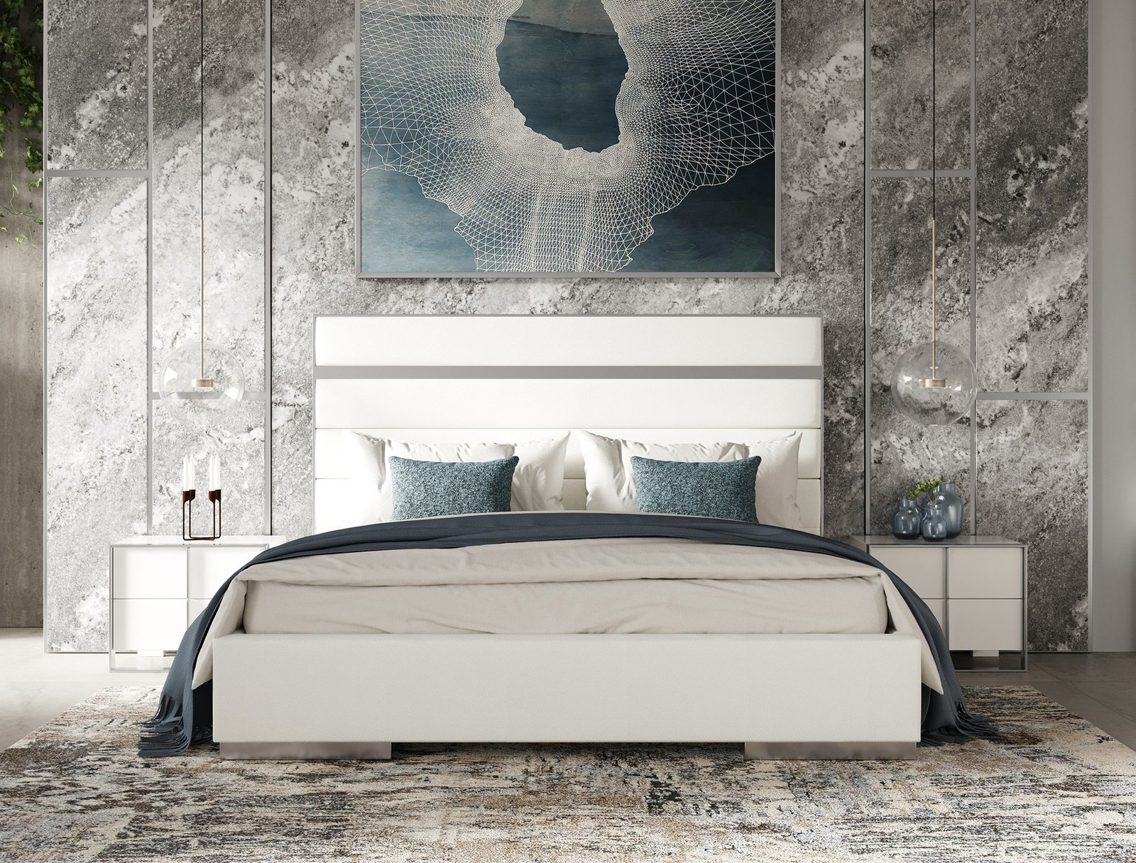 Eastern King Modrest Cartier - Modern White Vegan Leather + Stainless Steel 4-Piece Bedroom Set