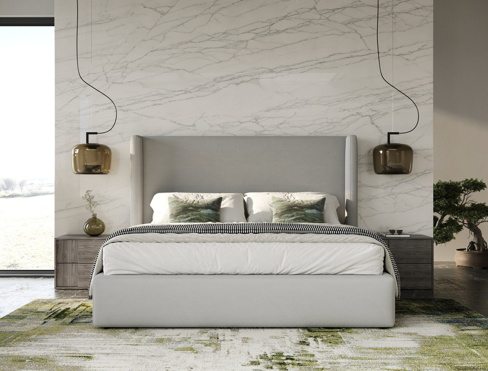 Eastern King Modrest Byrne + Asus - Modern Grey Fabric + Elm Grey 4-Piece Bedroom Set