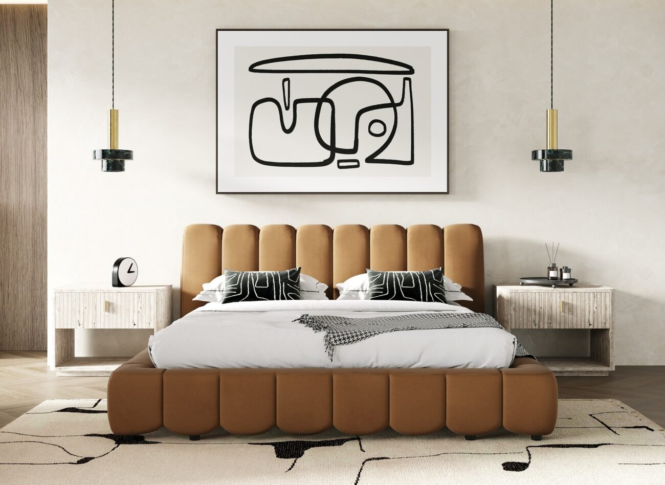 Eastern King Modrest Harris + Roma - Modern Brown Fabric + Faux Travertine 4-Piece Bedroom Set