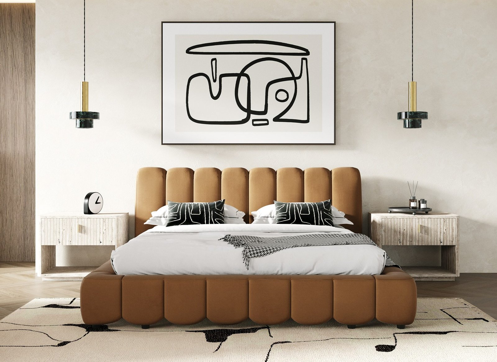 Eastern King Modrest Harris + Roma - Modern Brown Fabric + Faux Travertine 4-Piece Bedroom Set