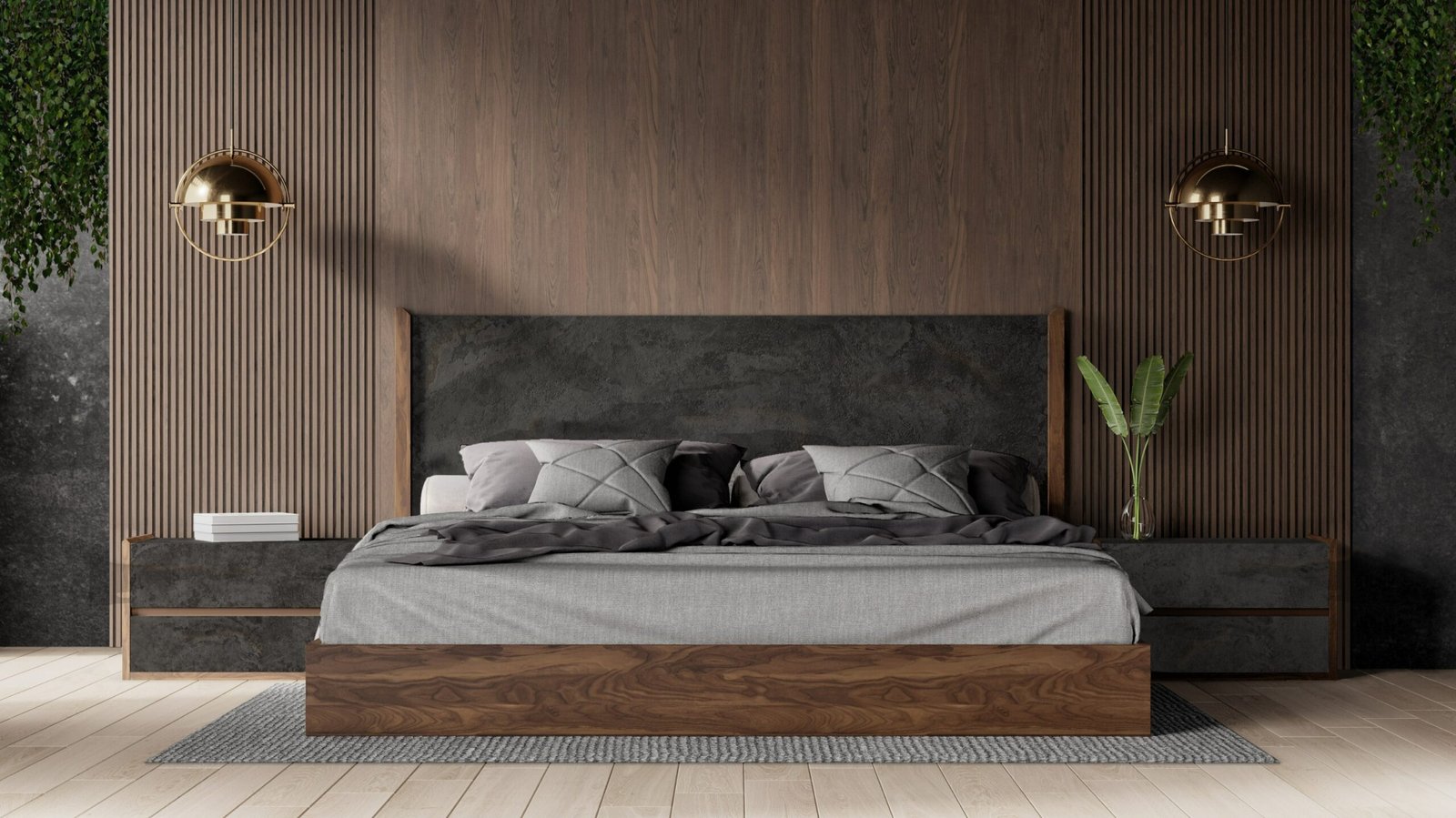 Queen Nova Domus Rado - Modern Walnut & Volcanic Slate 4-Piece Bedroom Set