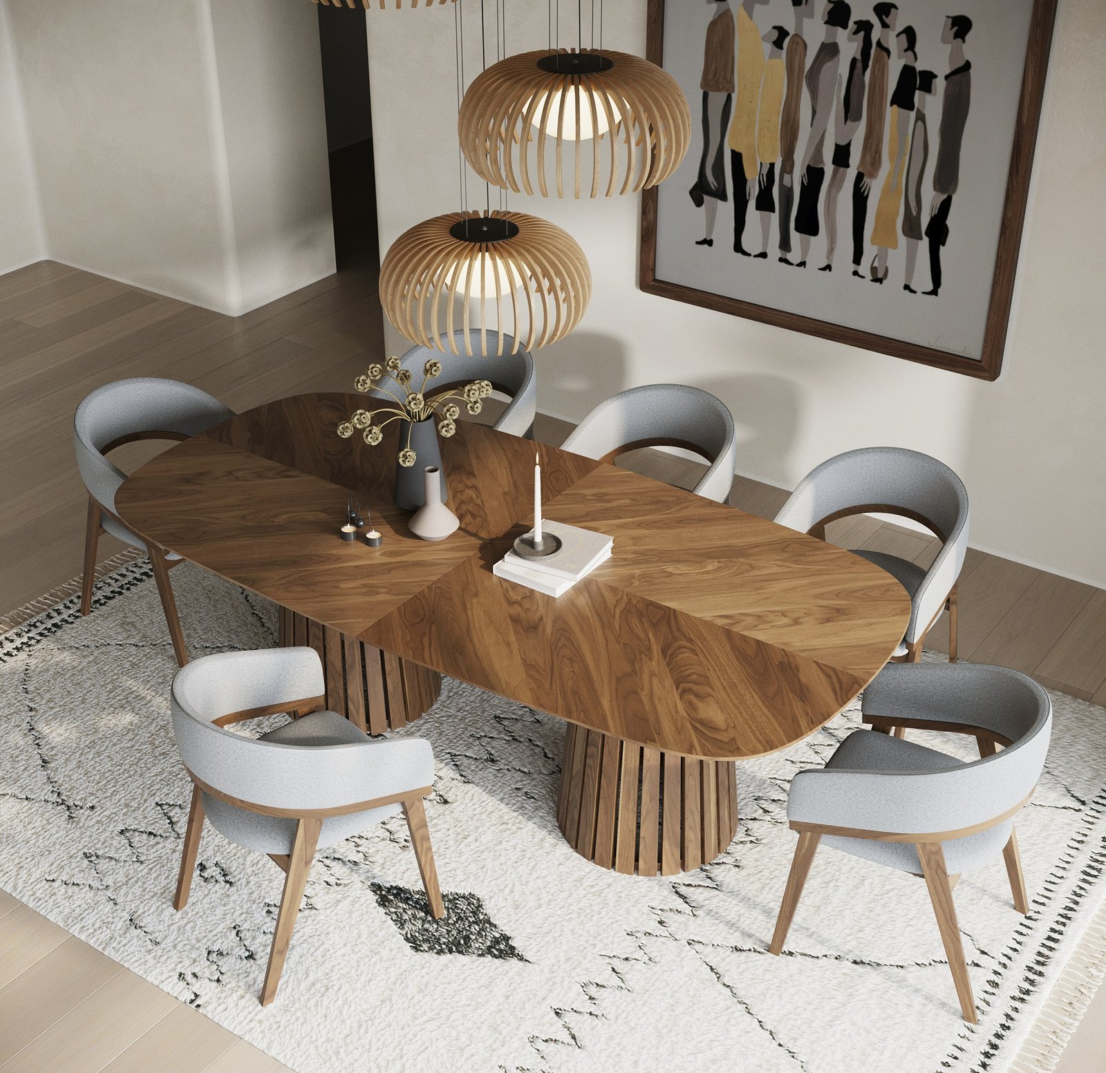 Modrest Truman - Mid-Century Modern Walnut Extendable Dining Table + 10 Chairs Set - Image 2