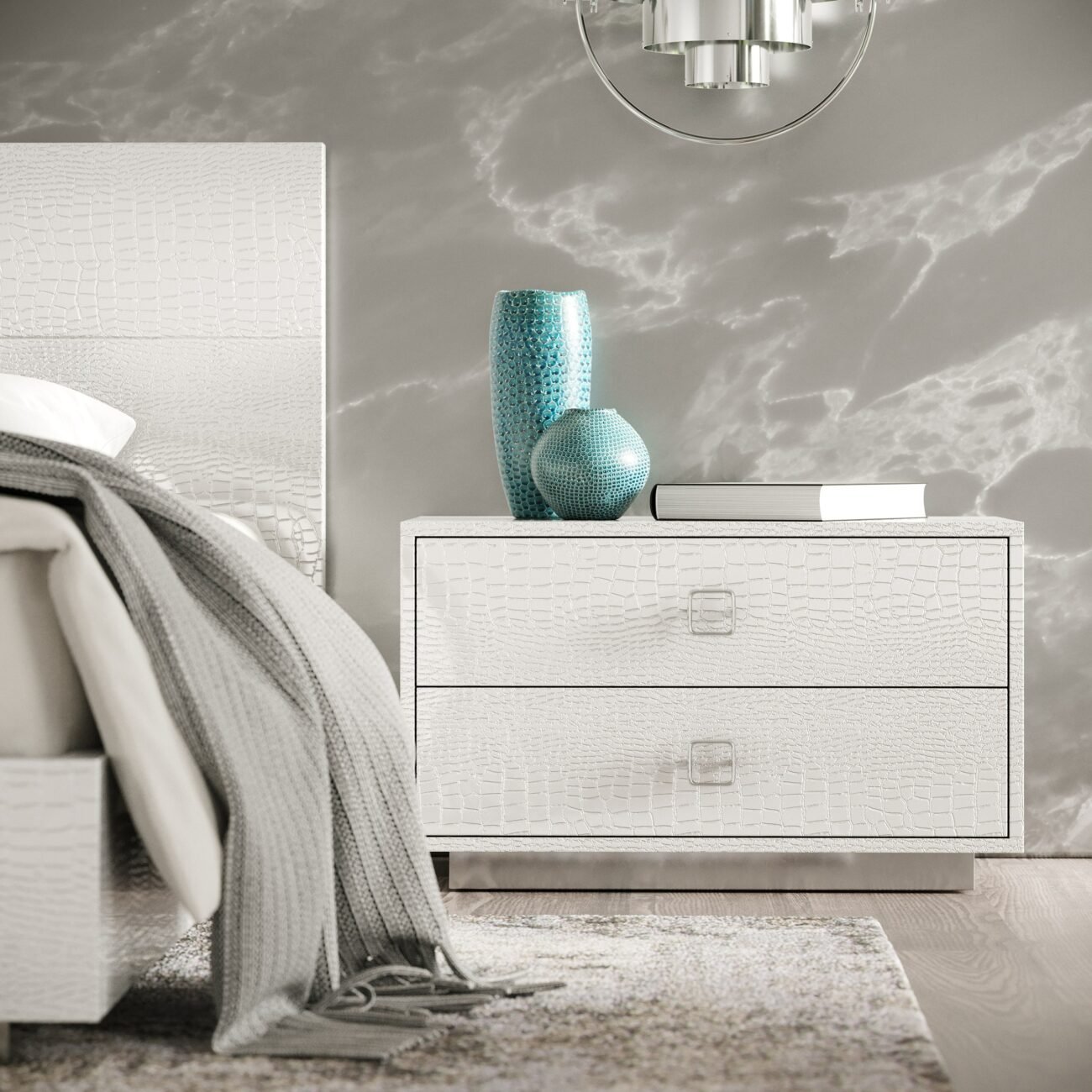 California King A&X Ovidius + Victoria - Modern White Crocodile Lacquer Bedroom Set - Image 3